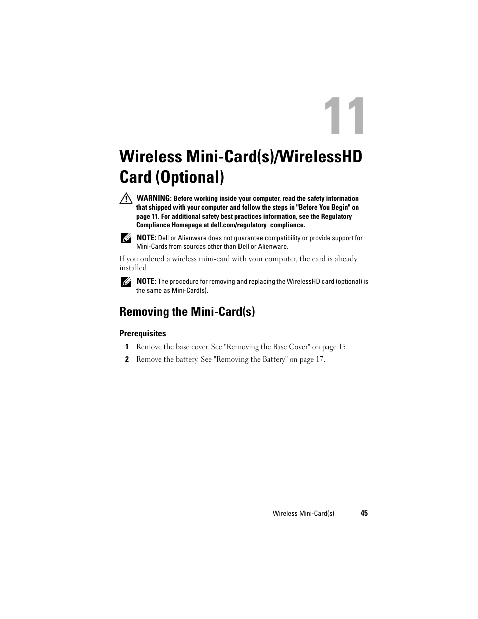 Wireless mini-card(s)/wirelesshd card (optional), Removing the mini-card(s), Prerequisites | Wireless mini-card(s)/wirelesshd card, Optional) | Dell Alienware M14x R2 (Early 2012) User Manual | Page 43 / 104