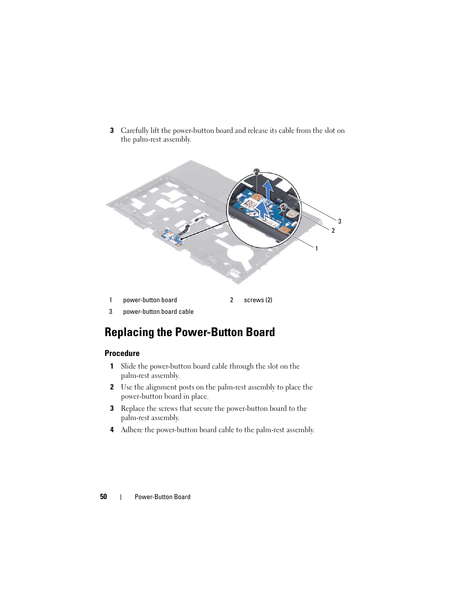 Replacing the power-button board, Procedure | Dell Alienware M14x R2 (Early 2012) User Manual | Page 48 / 104