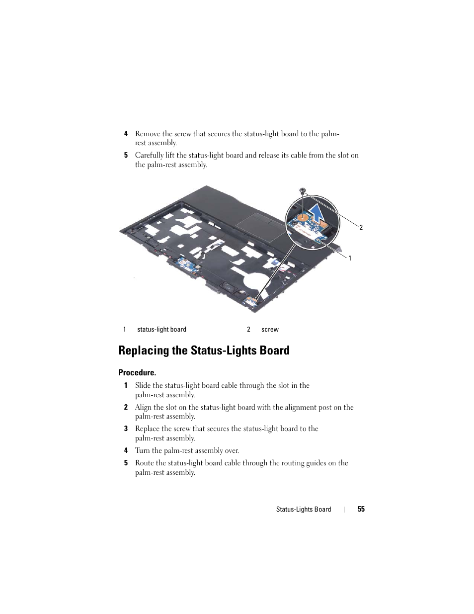 Replacing the status-lights board, Procedure, 4 turn the palm-rest assembly over | Dell Alienware M14x R2 (Early 2012) User Manual | Page 53 / 104