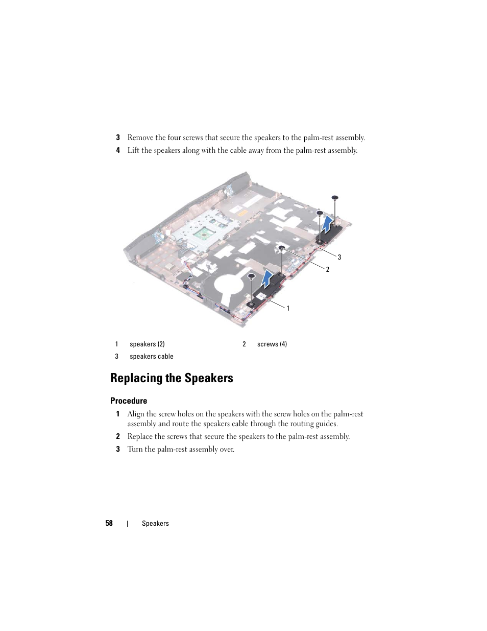 Replacing the speakers, Procedure, 3 turn the palm-rest assembly over | Dell Alienware M14x R2 (Early 2012) User Manual | Page 56 / 104