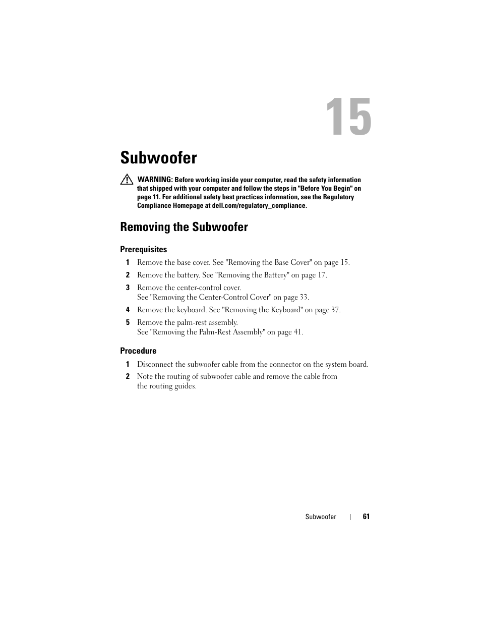 Subwoofer, Removing the subwoofer, Prerequisites | Procedure | Dell Alienware M14x R2 (Early 2012) User Manual | Page 59 / 104