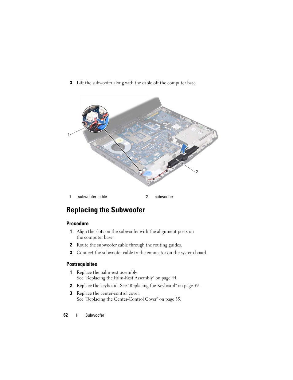 Replacing the subwoofer, Procedure, Postrequisites | Dell Alienware M14x R2 (Early 2012) User Manual | Page 60 / 104