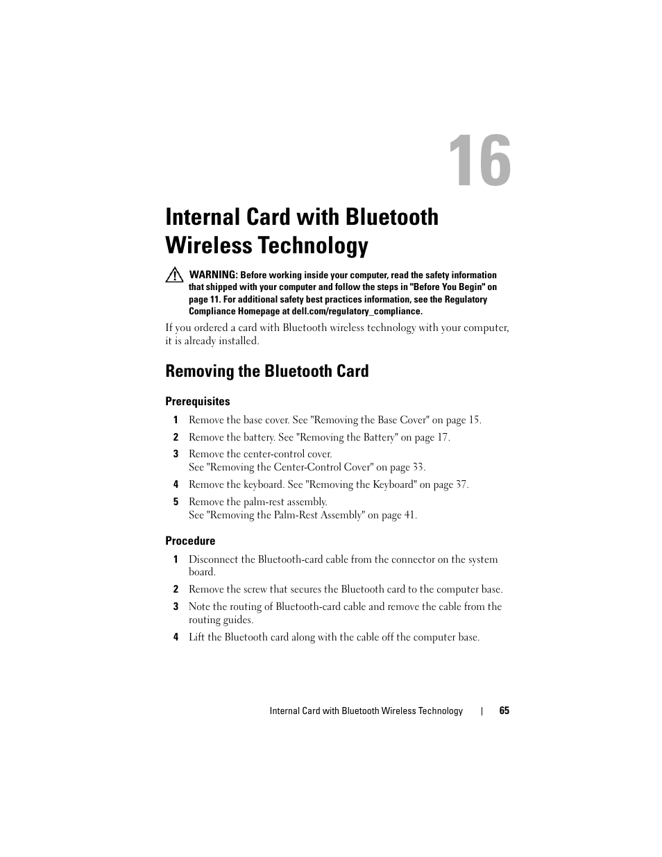 Internal card with bluetooth wireless technology, Removing the bluetooth card, Prerequisites | Procedure | Dell Alienware M14x R2 (Early 2012) User Manual | Page 63 / 104