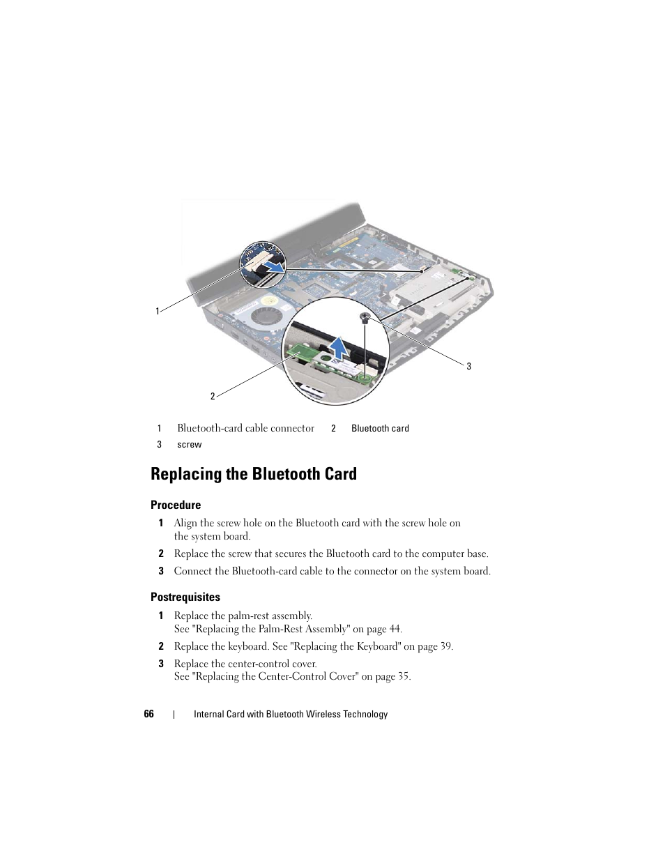 Replacing the bluetooth card, Procedure, Postrequisites | Dell Alienware M14x R2 (Early 2012) User Manual | Page 64 / 104