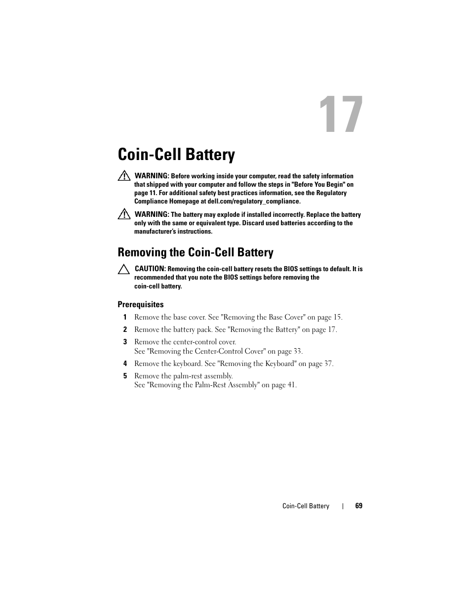 Coin-cell battery, Removing the coin-cell battery, Prerequisites | Dell Alienware M14x R2 (Early 2012) User Manual | Page 67 / 104