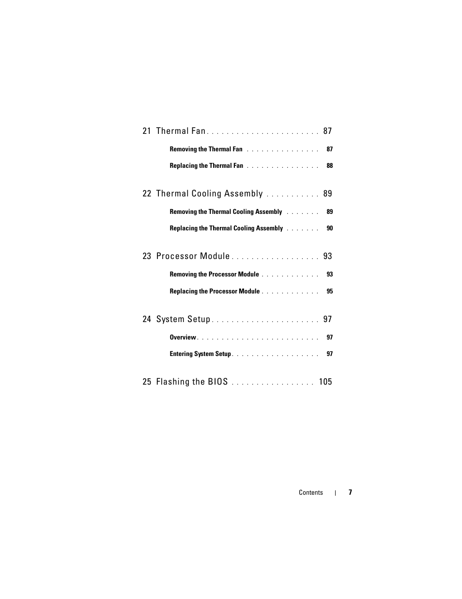 21 thermal fan, 22 thermal cooling assembly, 23 processor module | 24 system setup, 25 flashing the bios | Dell Alienware M14x R2 (Early 2012) User Manual | Page 7 / 104