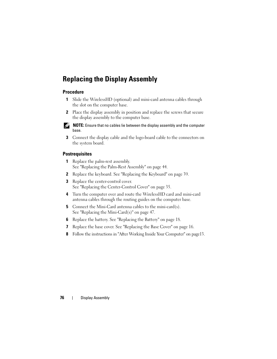 Replacing the display assembly, Procedure, Postrequisites | Dell Alienware M14x R2 (Early 2012) User Manual | Page 74 / 104