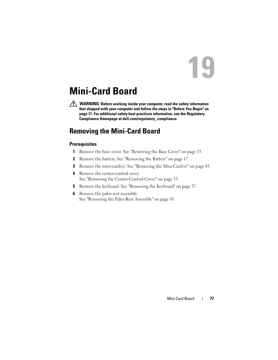 Mini-card board, Removing the mini-card board, Prerequisites | Dell Alienware M14x R2 (Early 2012) User Manual | Page 75 / 104