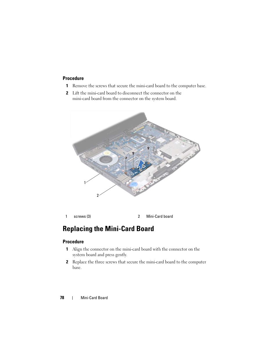 Procedure, Replacing the mini-card board | Dell Alienware M14x R2 (Early 2012) User Manual | Page 76 / 104