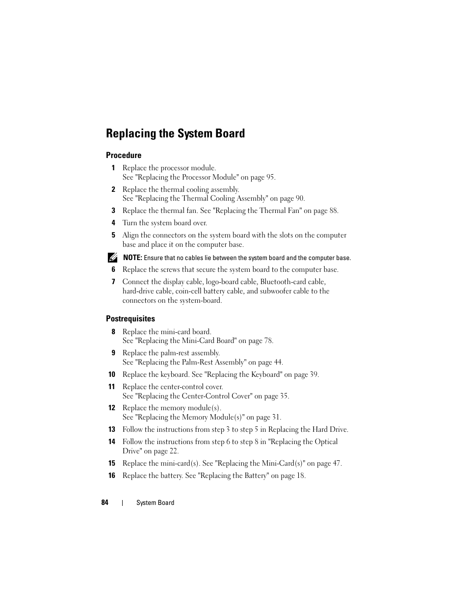 Replacing the system board, Procedure, 4 turn the system board over | Postrequisites | Dell Alienware M14x R2 (Early 2012) User Manual | Page 82 / 104