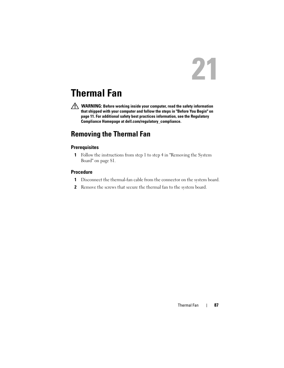 Thermal fan, Removing the thermal fan, Prerequisites | Procedure | Dell Alienware M14x R2 (Early 2012) User Manual | Page 85 / 104