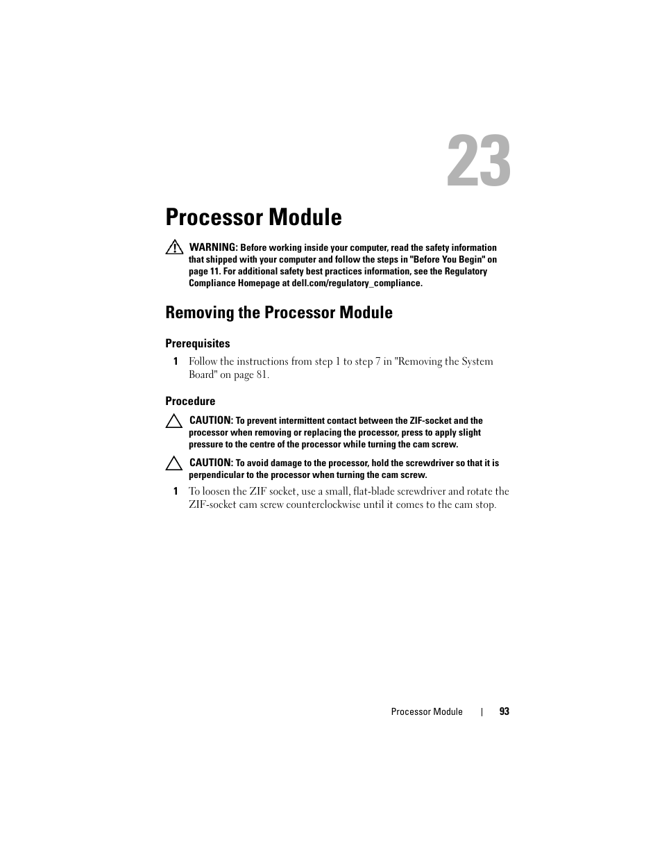 Processor module, Removing the processor module, Prerequisites | Procedure | Dell Alienware M14x R2 (Early 2012) User Manual | Page 91 / 104