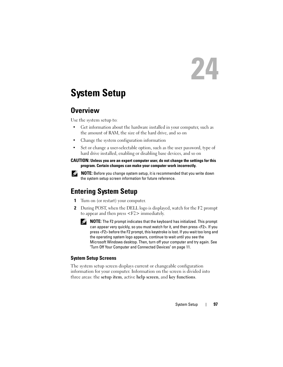 System setup, Overview, Entering system setup | 1 turn on (or restart) your computer, System setup screens | Dell Alienware M14x R2 (Early 2012) User Manual | Page 95 / 104