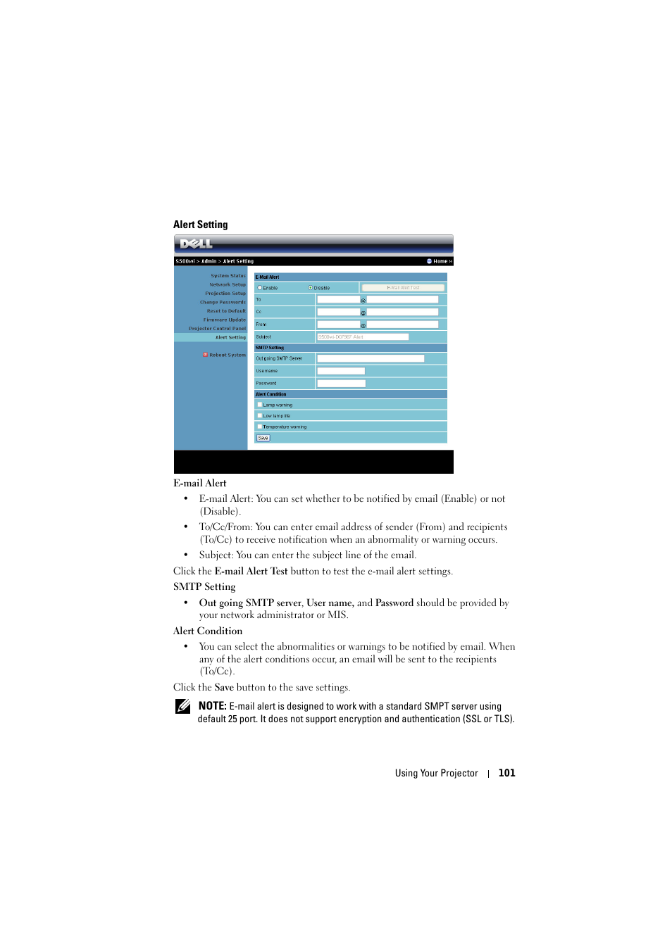 Alert setting | Dell S500 Projector User Manual | Page 101 / 132