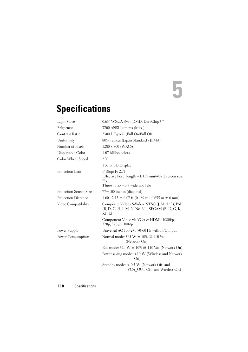 Specifications | Dell S500 Projector User Manual | Page 118 / 132