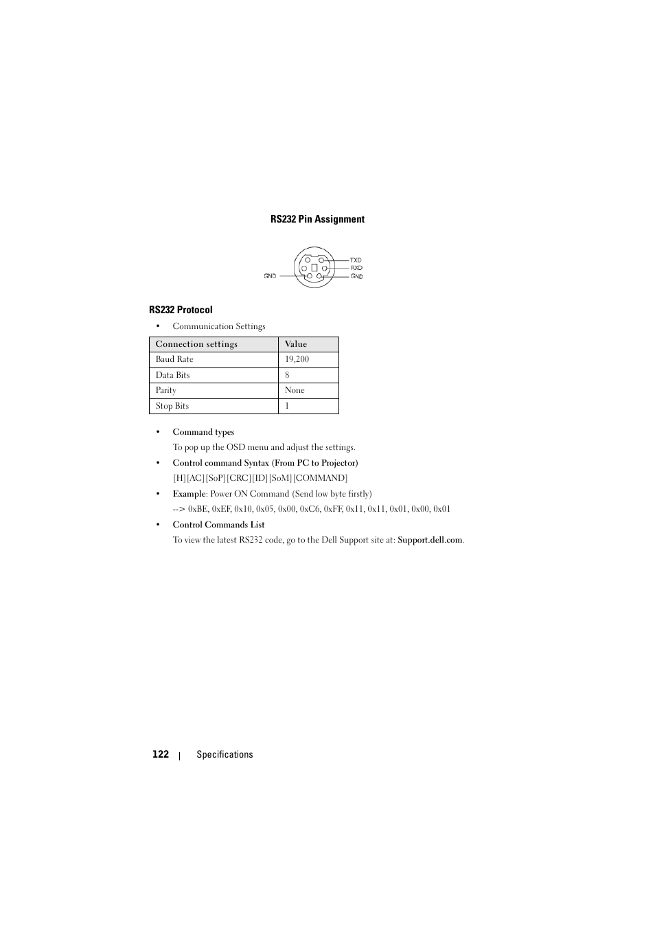 Rs232 pin assignment, Rs232 protocol | Dell S500 Projector User Manual | Page 122 / 132