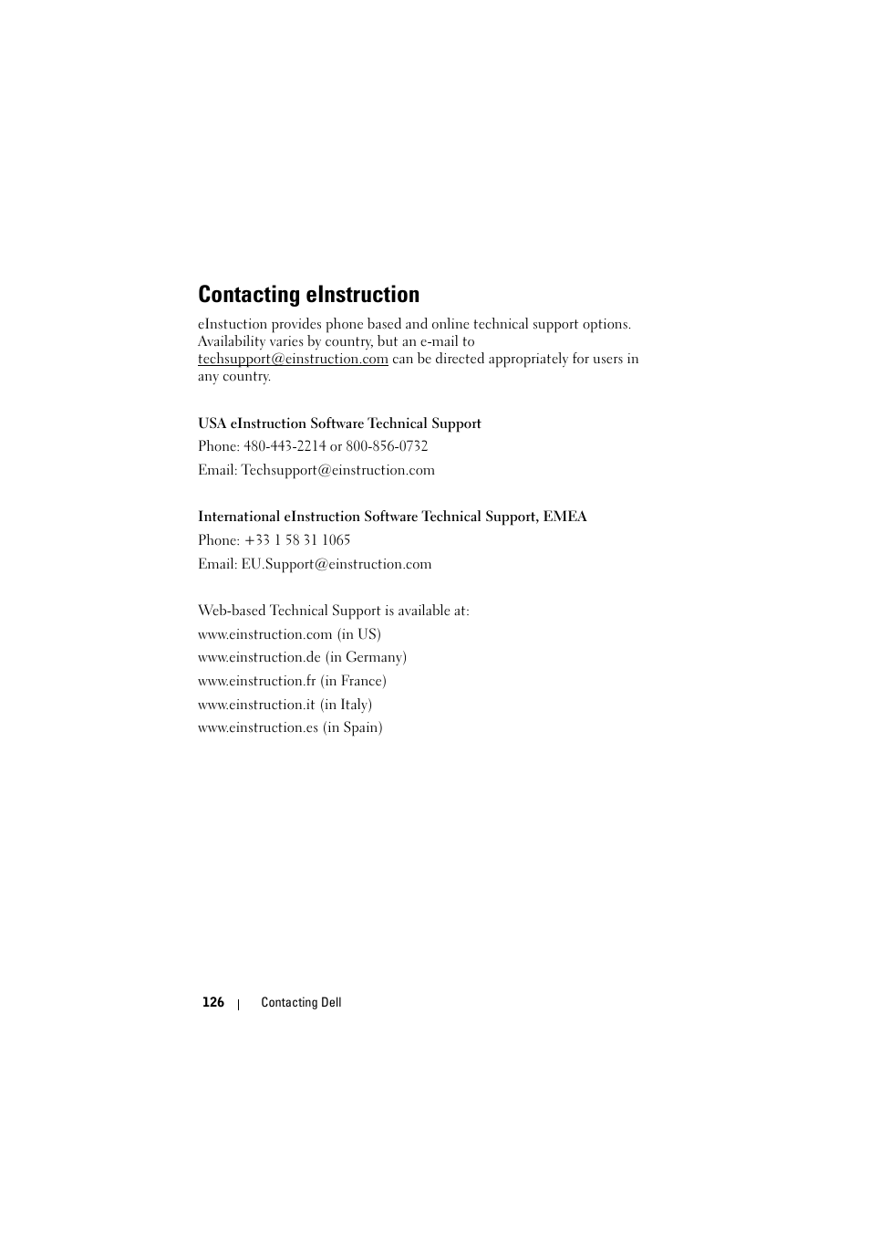 Contacting einstruction | Dell S500 Projector User Manual | Page 126 / 132