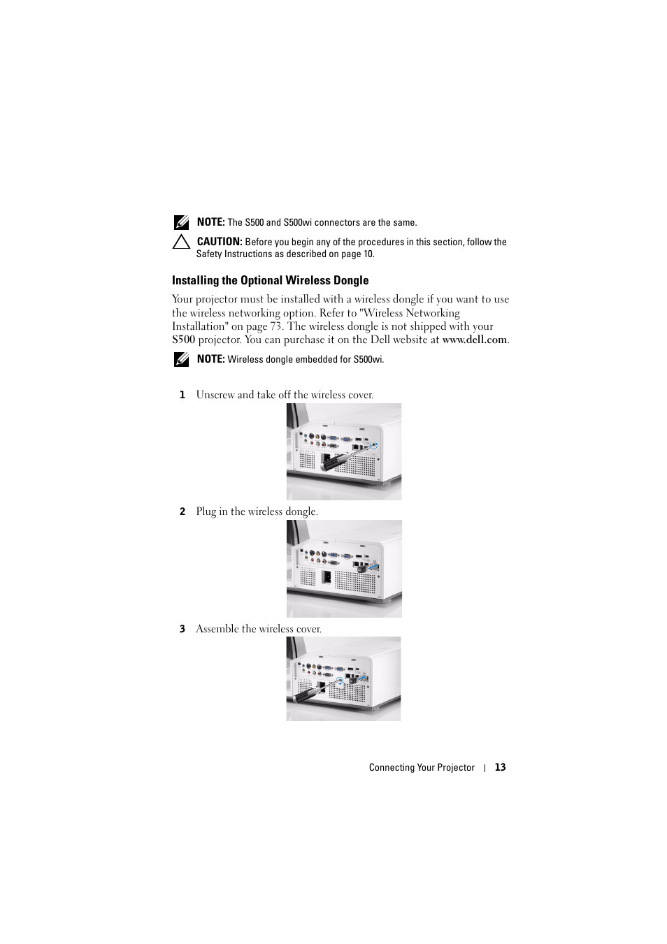 Installing the optional wireless dongle | Dell S500 Projector User Manual | Page 13 / 132