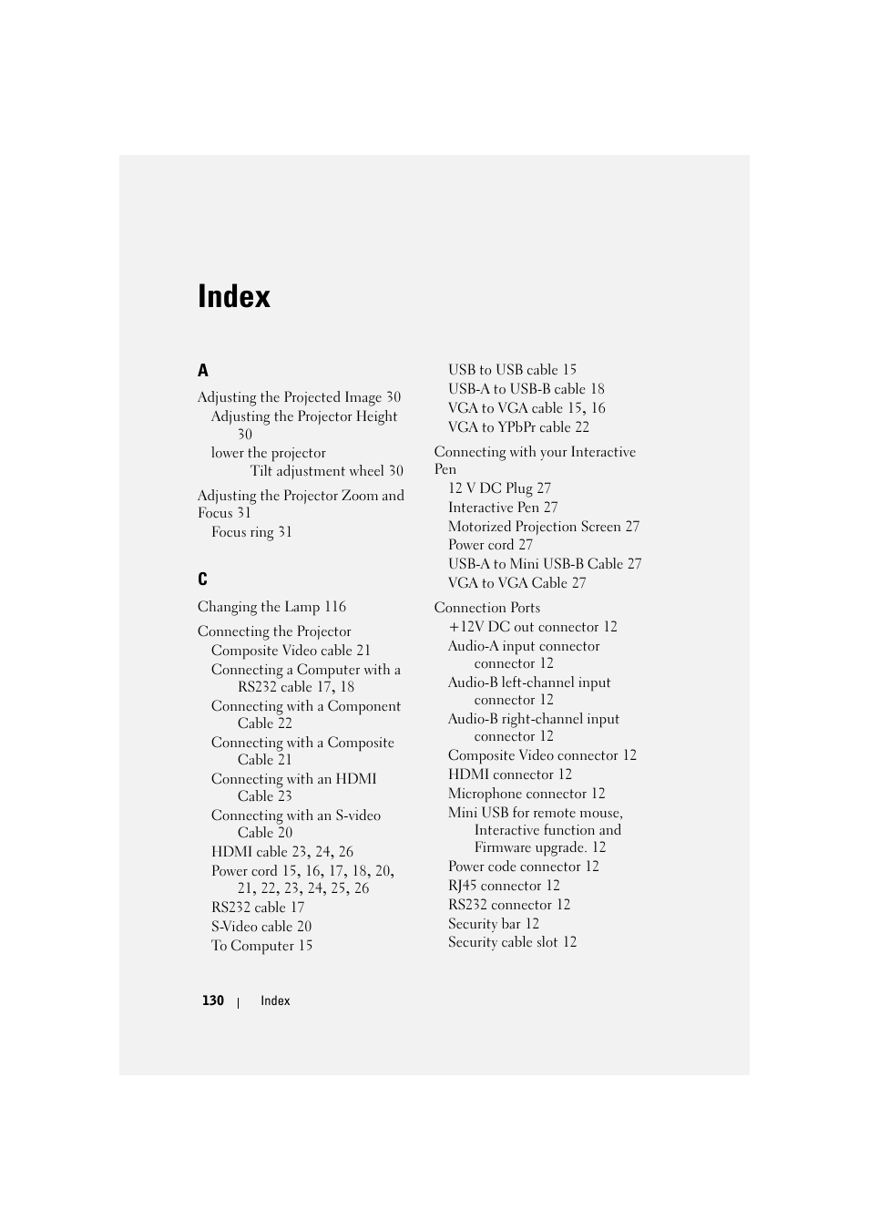 Index | Dell S500 Projector User Manual | Page 130 / 132