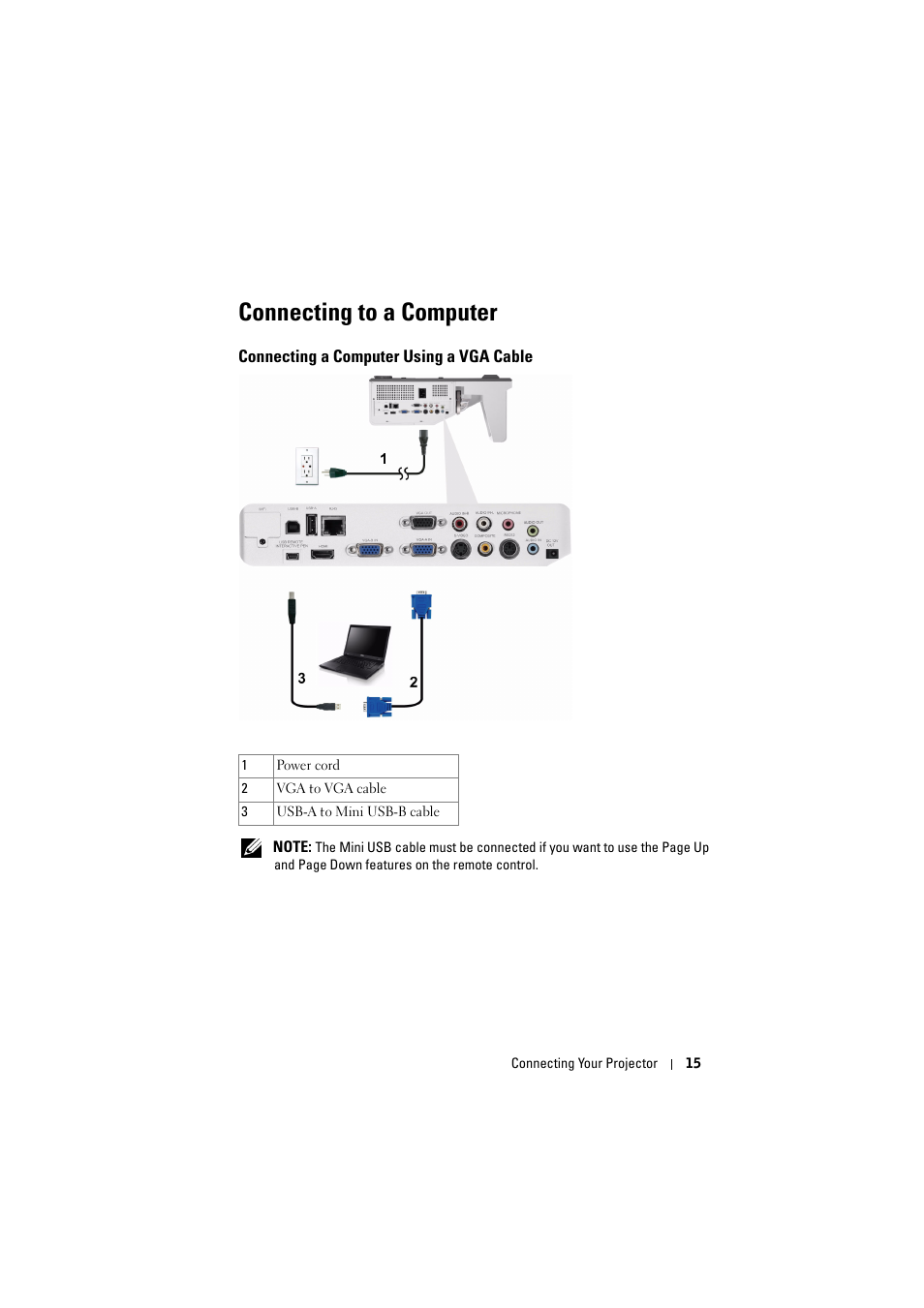 Connecting to a computer, Connecting a computer using a vga cable | Dell S500 Projector User Manual | Page 15 / 132