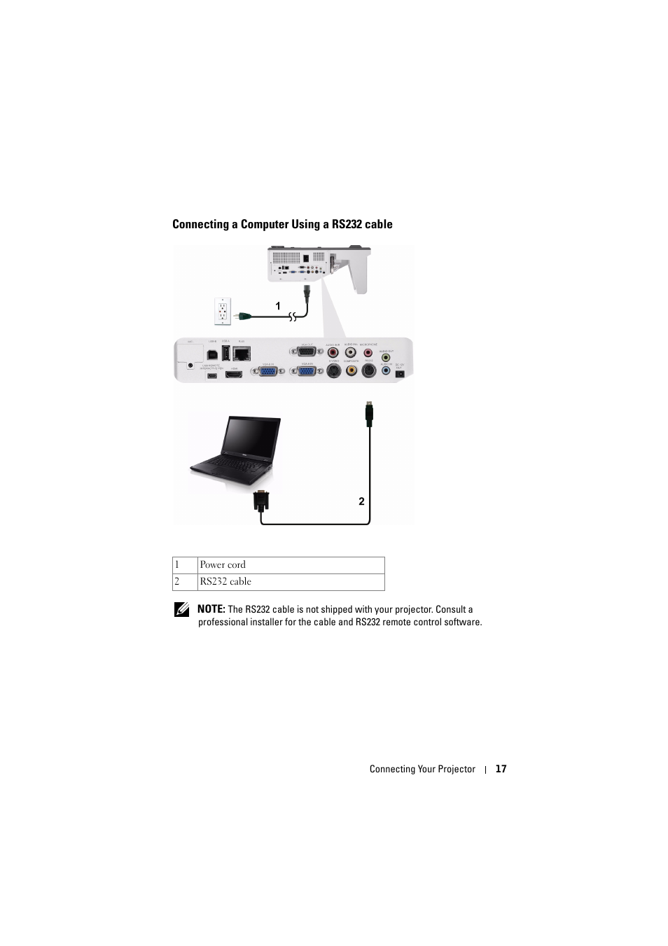 Connecting a computer using a rs232 cable | Dell S500 Projector User Manual | Page 17 / 132