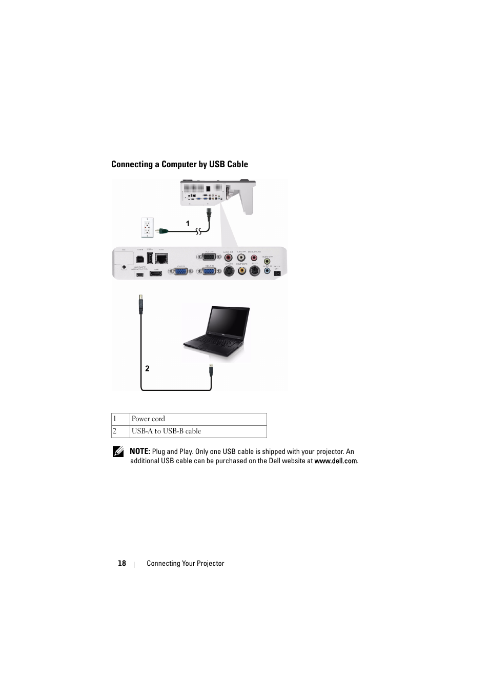 Connecting a computer by usb cable | Dell S500 Projector User Manual | Page 18 / 132