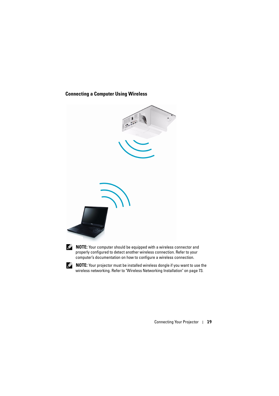 Connecting a computer using wireless | Dell S500 Projector User Manual | Page 19 / 132