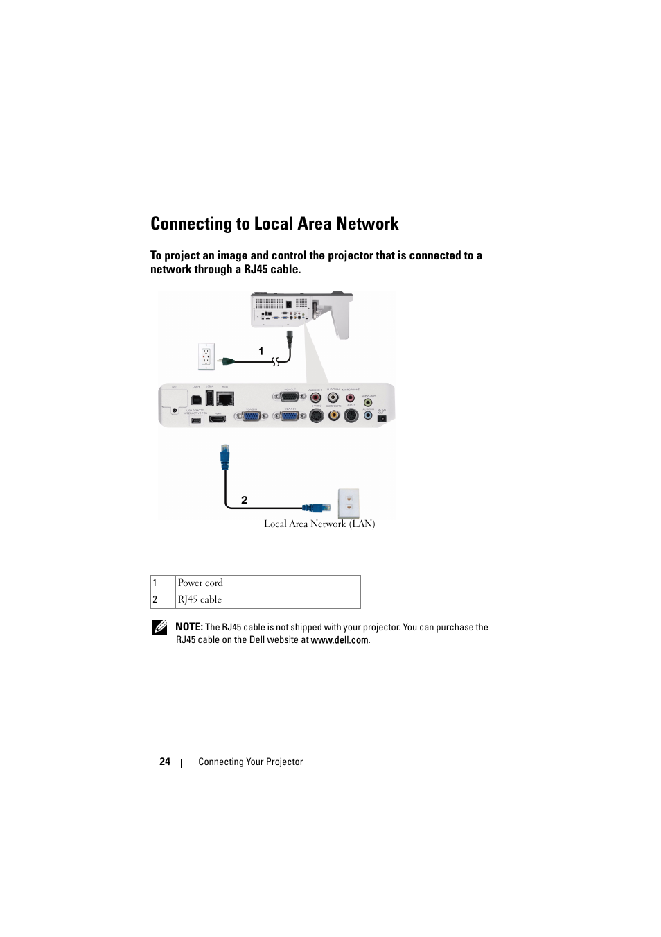 Connecting to local area network, Connected to a network through a rj45 cable | Dell S500 Projector User Manual | Page 24 / 132