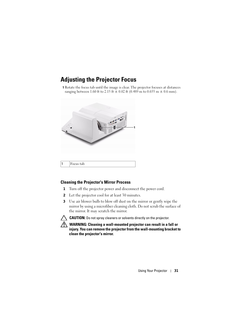 Adjusting the projector focus, Cleaning the projector's mirror process | Dell S500 Projector User Manual | Page 31 / 132