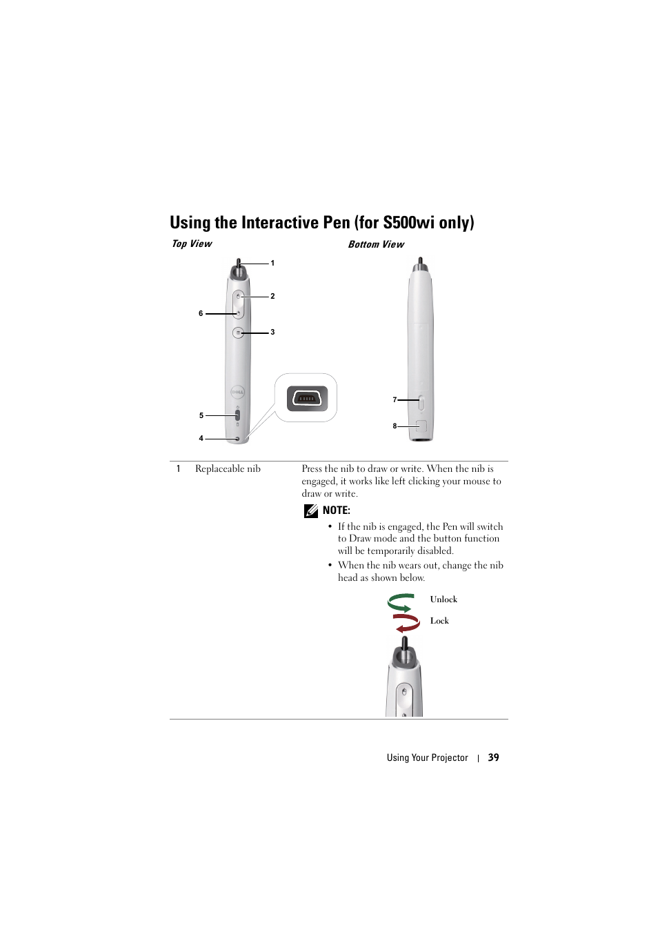 Using the interactive pen (for s500wi only), Top view | Dell S500 Projector User Manual | Page 39 / 132