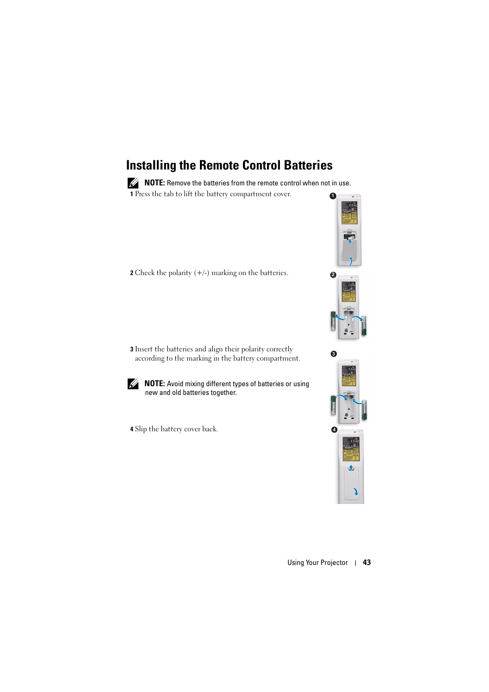 Installing the remote control batteries | Dell S500 Projector User Manual | Page 43 / 132