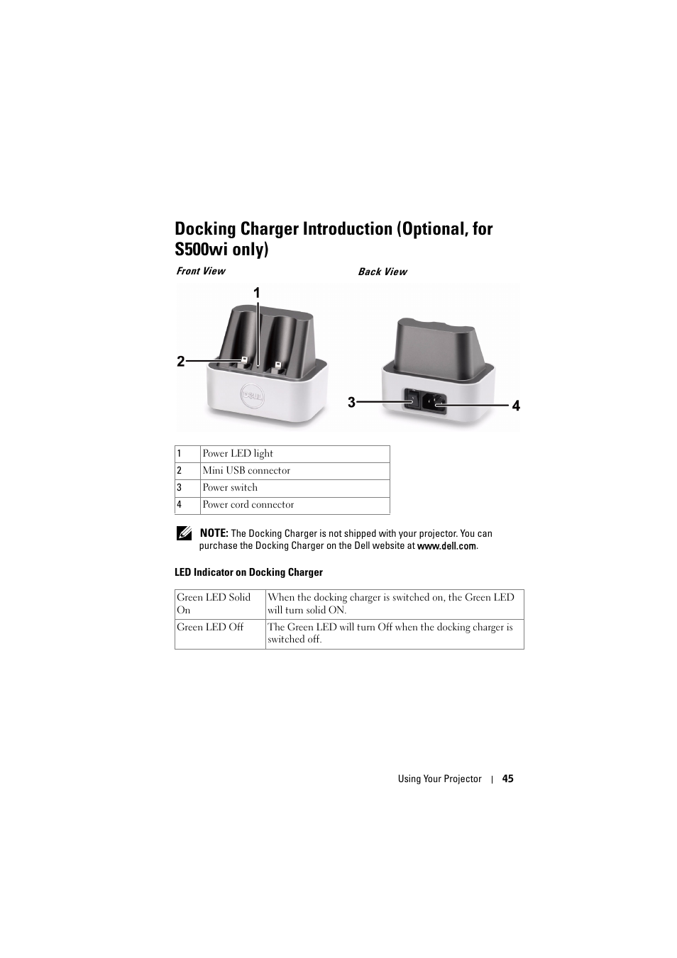 Front view, Led indicator on docking charger | Dell S500 Projector User Manual | Page 45 / 132