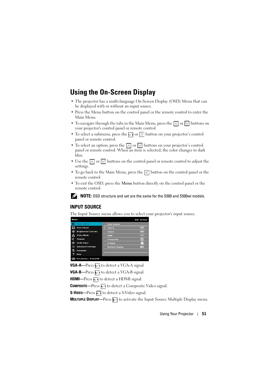 Using the on-screen display, Input source | Dell S500 Projector User Manual | Page 51 / 132