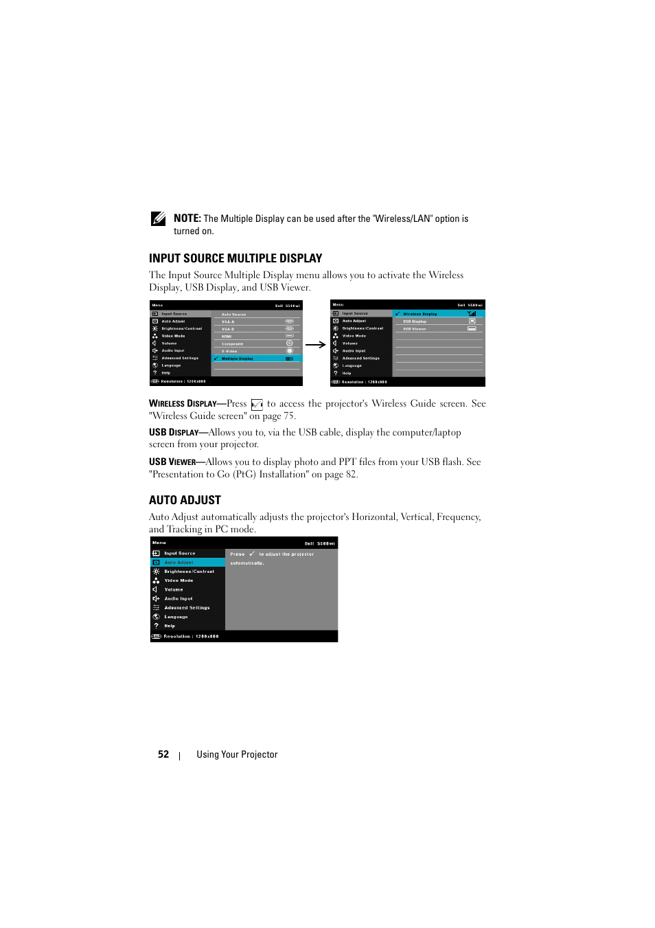 Input source multiple display, Auto adjust | Dell S500 Projector User Manual | Page 52 / 132