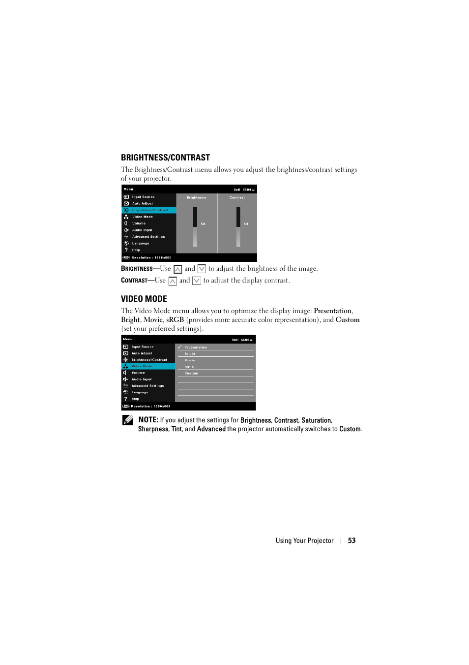 Brightness/contrast, Video mode | Dell S500 Projector User Manual | Page 53 / 132