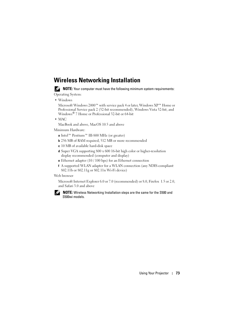 Wireless networking installation | Dell S500 Projector User Manual | Page 73 / 132