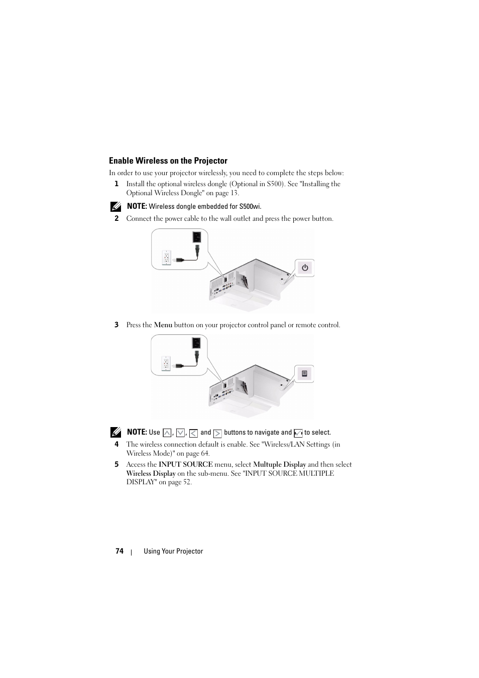 Enable wireless on the projector | Dell S500 Projector User Manual | Page 74 / 132
