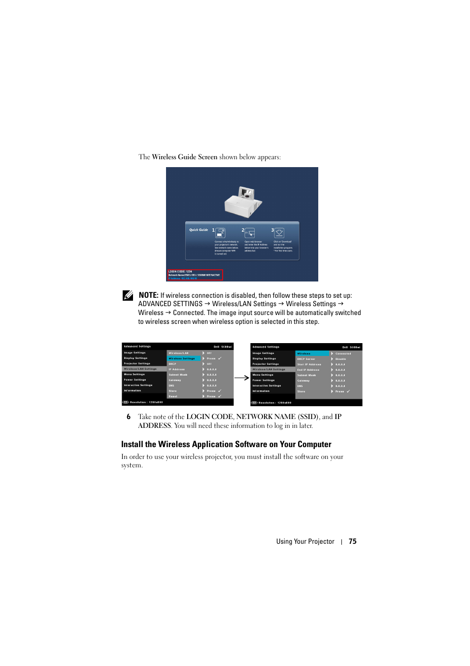 Install the wireless application software, On your computer | Dell S500 Projector User Manual | Page 75 / 132