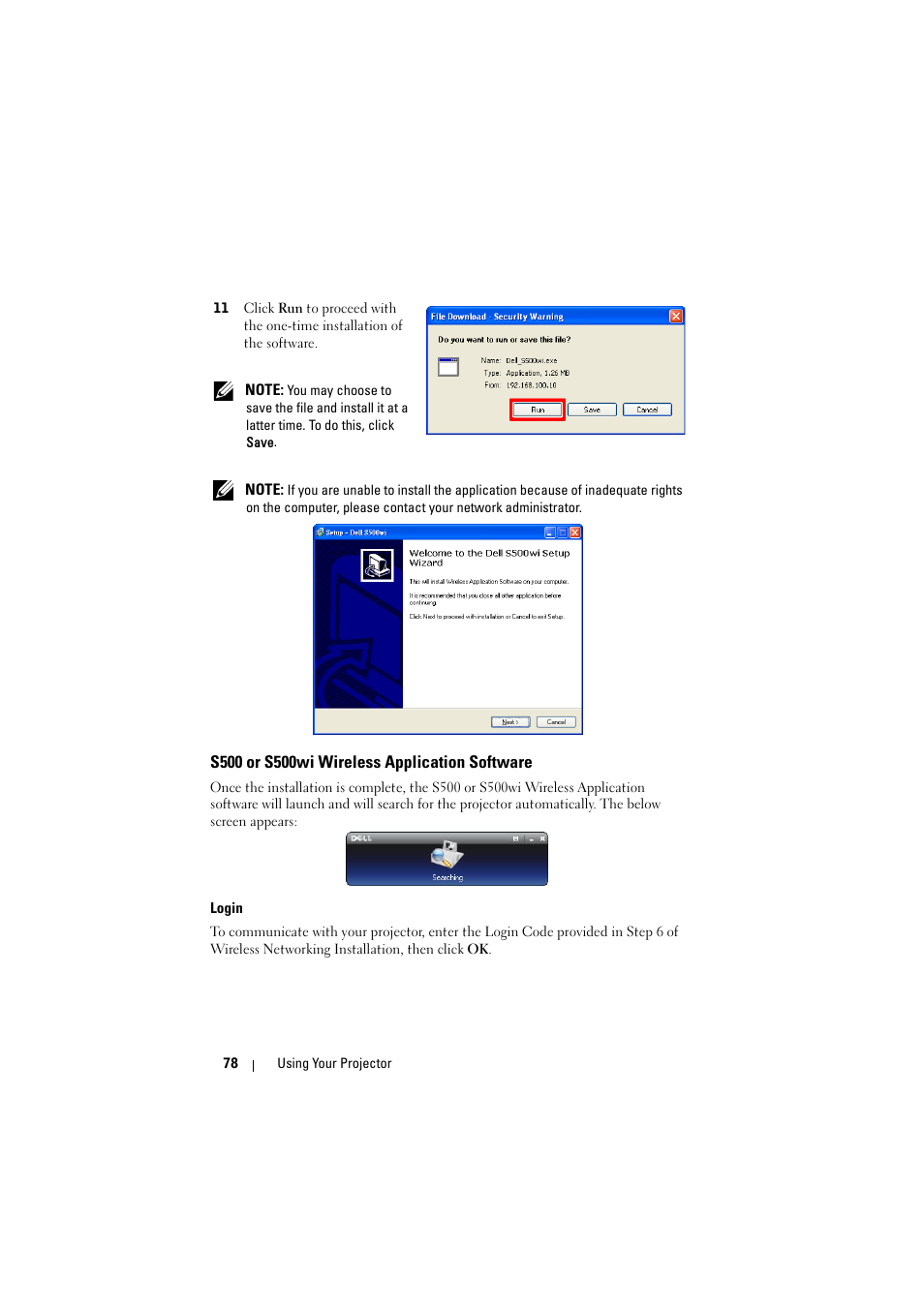 S500 or s500wi wireless application software, Login | Dell S500 Projector User Manual | Page 78 / 132