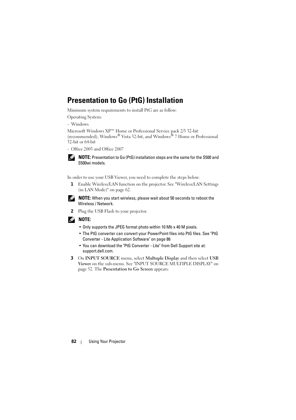 Presentation to go (ptg) installation | Dell S500 Projector User Manual | Page 82 / 132