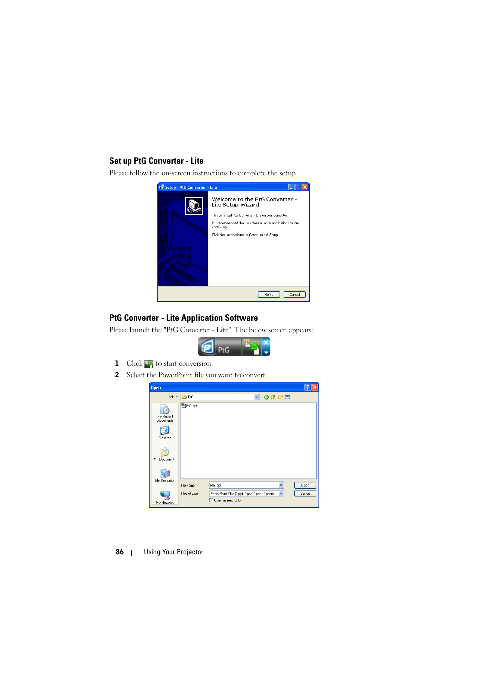 Set up ptg converter - lite, Ptg converter - lite application software, See "ptg | Dell S500 Projector User Manual | Page 86 / 132