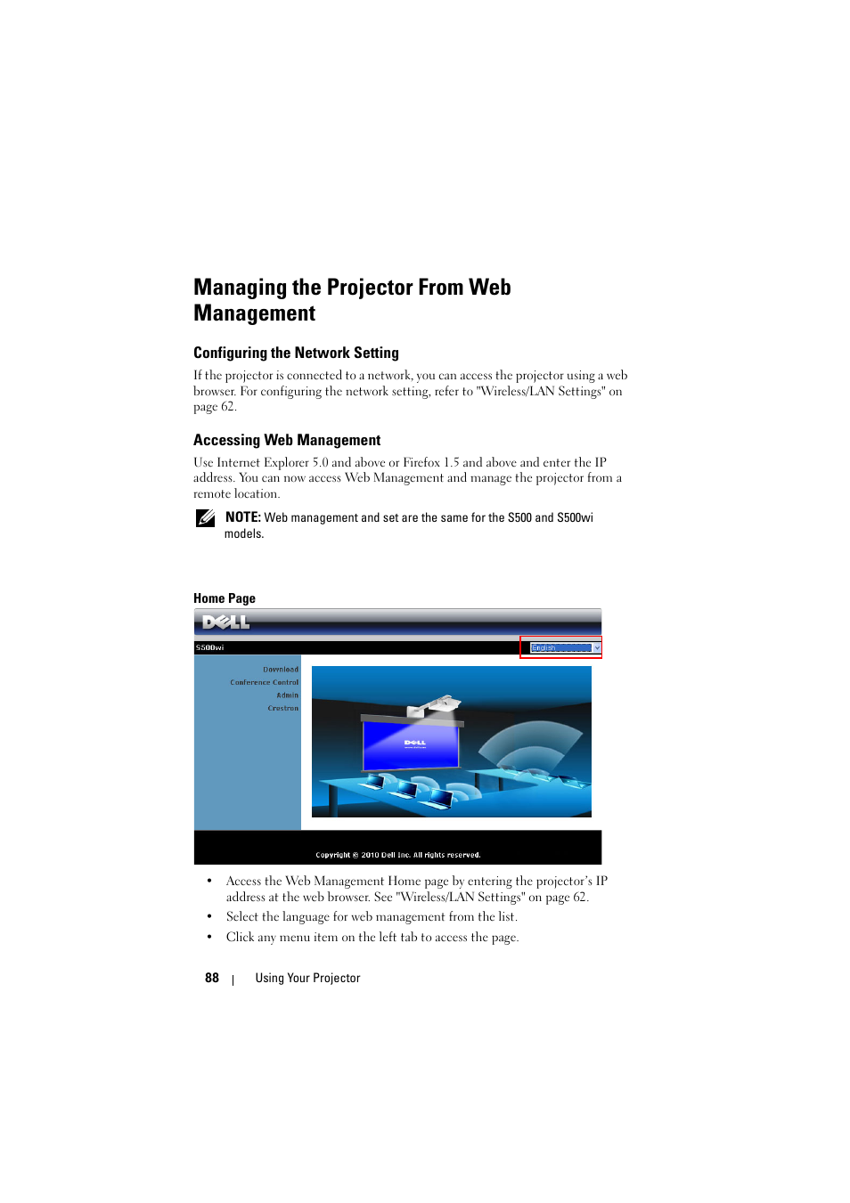 Managing the projector from web management, Configuring the network setting, Accessing web management | Managing the | Dell S500 Projector User Manual | Page 88 / 132