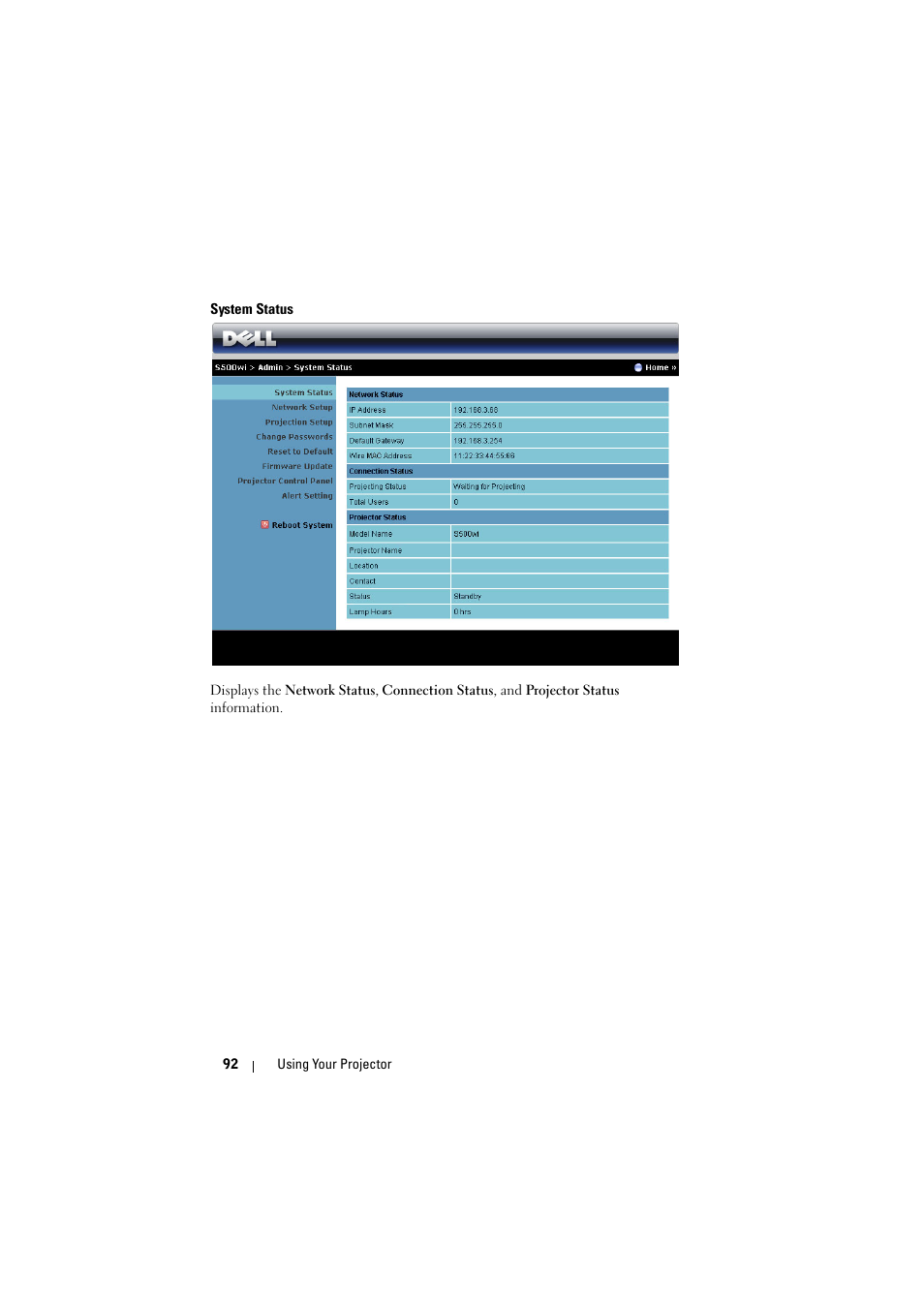 System status | Dell S500 Projector User Manual | Page 92 / 132