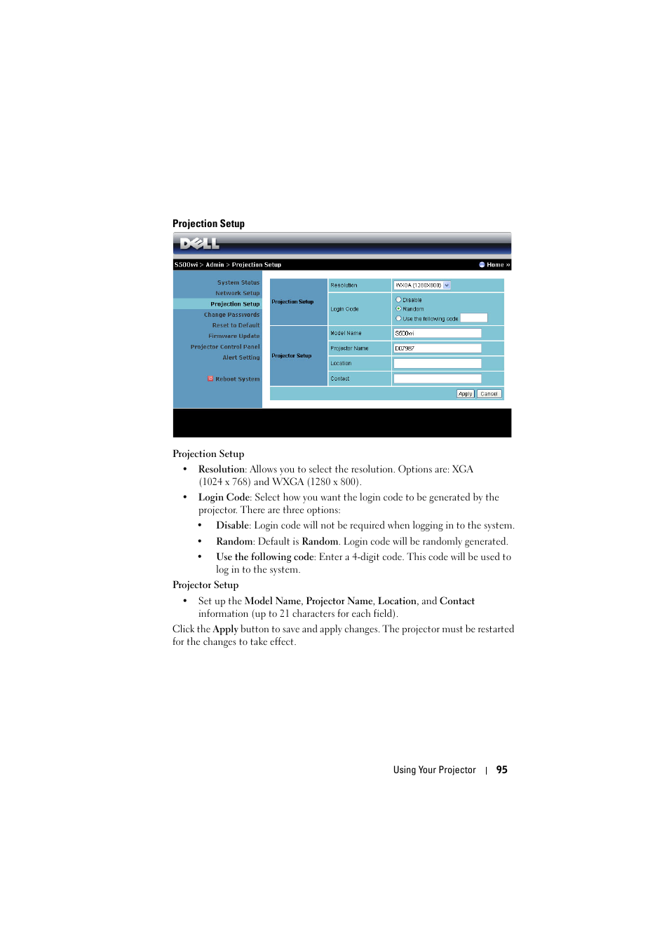 Projection setup | Dell S500 Projector User Manual | Page 95 / 132