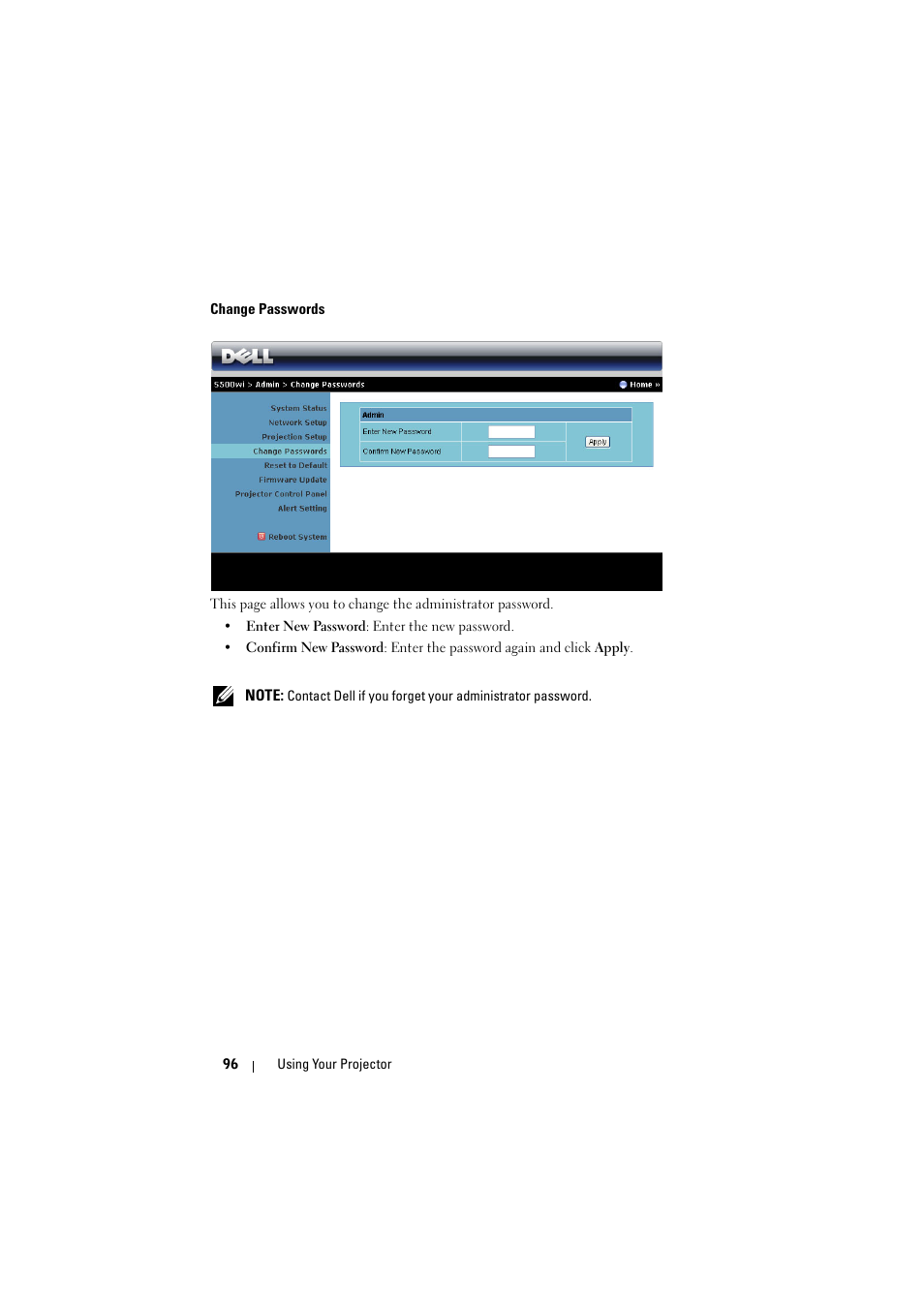 Change passwords | Dell S500 Projector User Manual | Page 96 / 132
