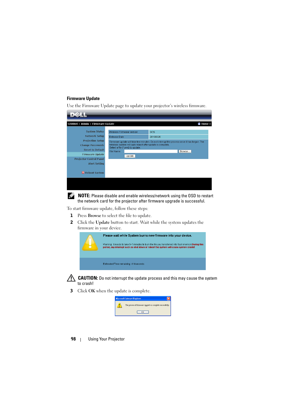 Firmware update | Dell S500 Projector User Manual | Page 98 / 132