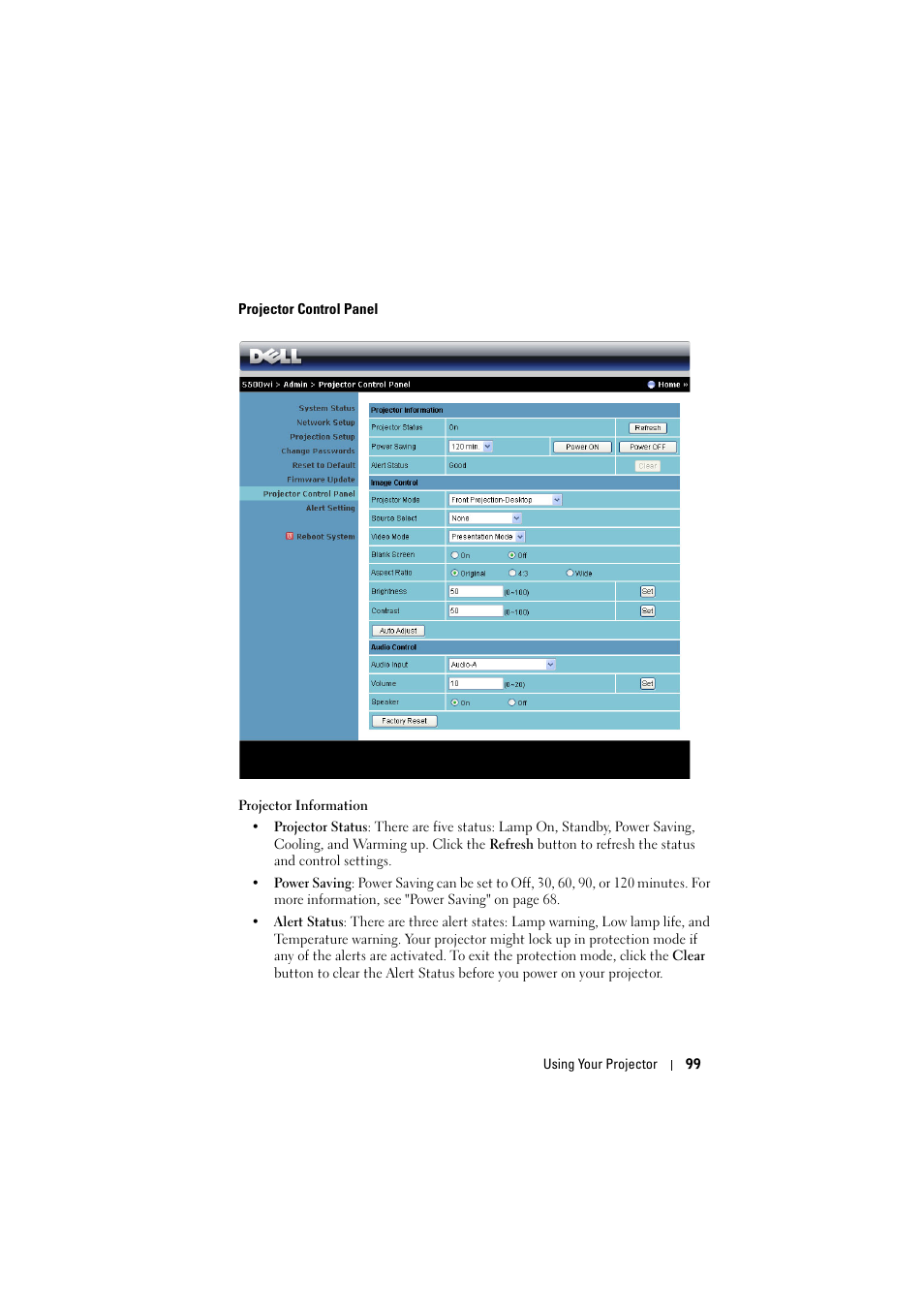 Projector control panel | Dell S500 Projector User Manual | Page 99 / 132