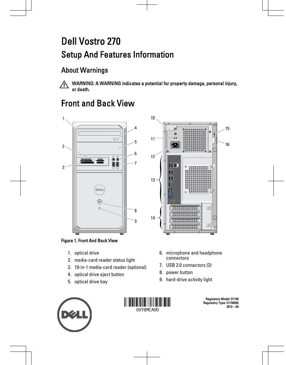 Dell Vostro 270 (Late 2012) User Manual | 6 pages