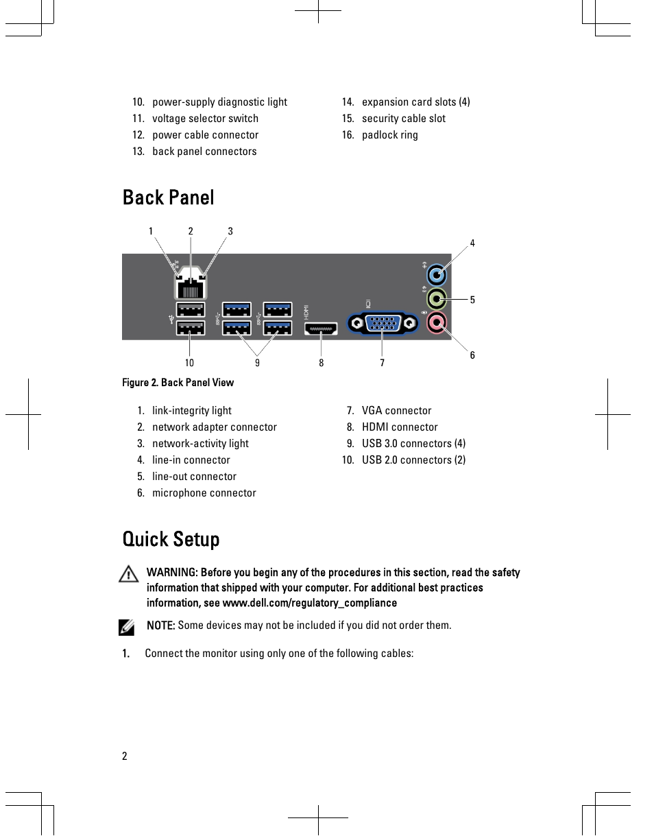 Back panel, Quick setup | Dell Vostro 270 (Late 2012) User Manual | Page 2 / 6