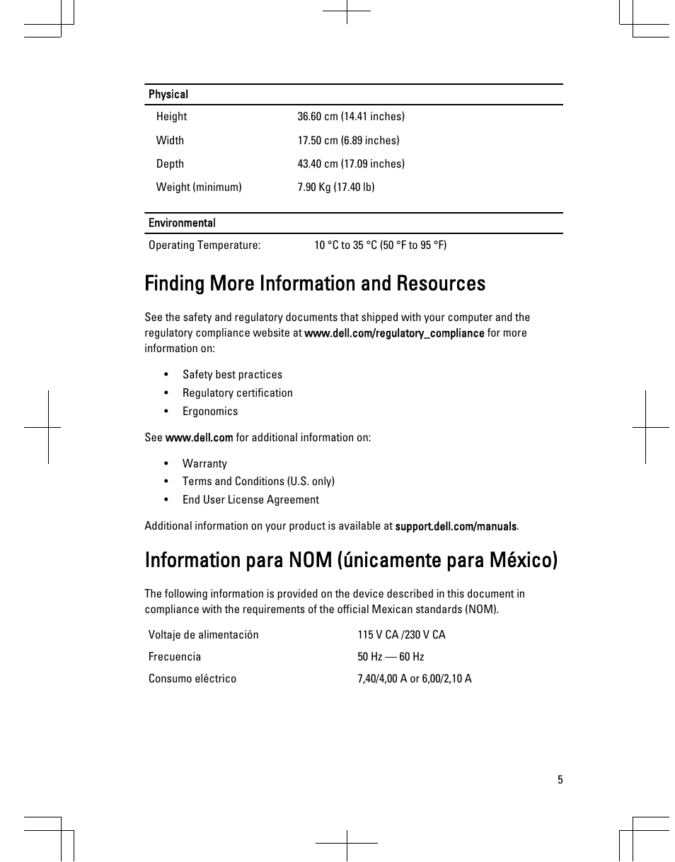 Finding more information and resources, Information para nom (únicamente para méxico) | Dell Vostro 270 (Late 2012) User Manual | Page 5 / 6